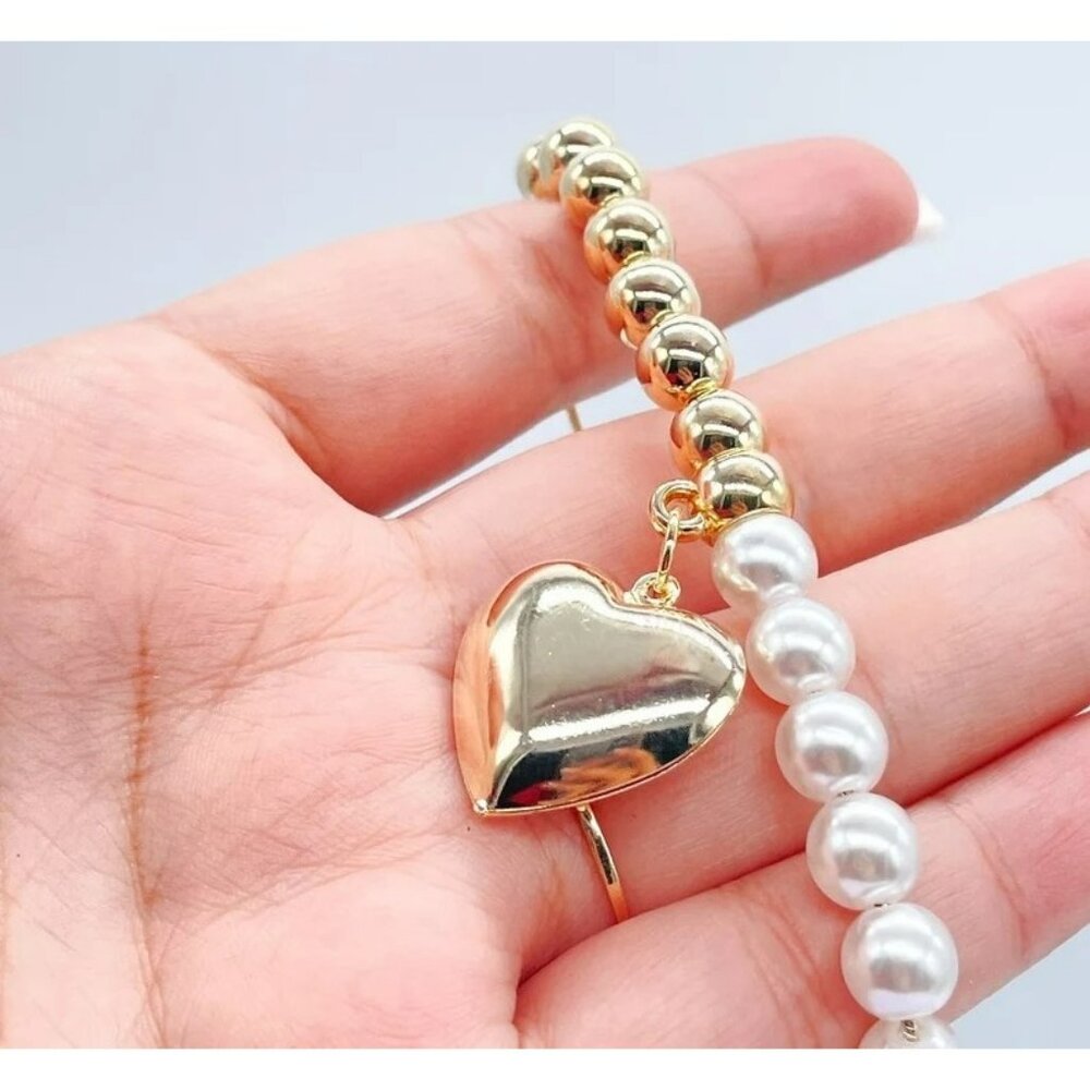 Half‎ Gold and Half Pearls Spheres With Golden Heart Charm Bracelet